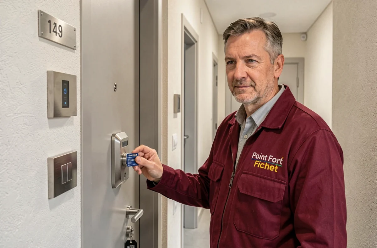 Technicien Point Fort Fichet Essonne posant un cylindre haute sécurité certifié sur une porte d'appartement résidentiel