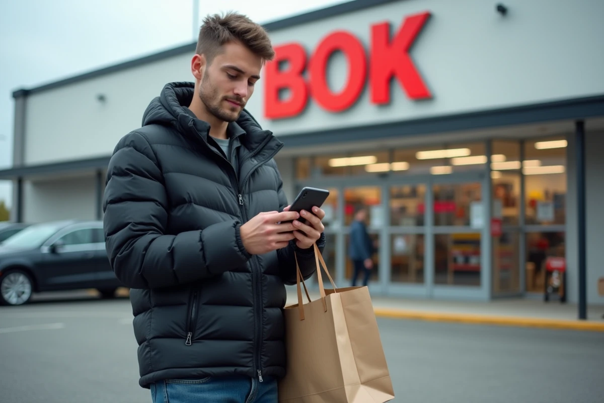 Jeune homme consultant les prix de Battlefield 6 Leclerc sur smartphone devant une grande surface