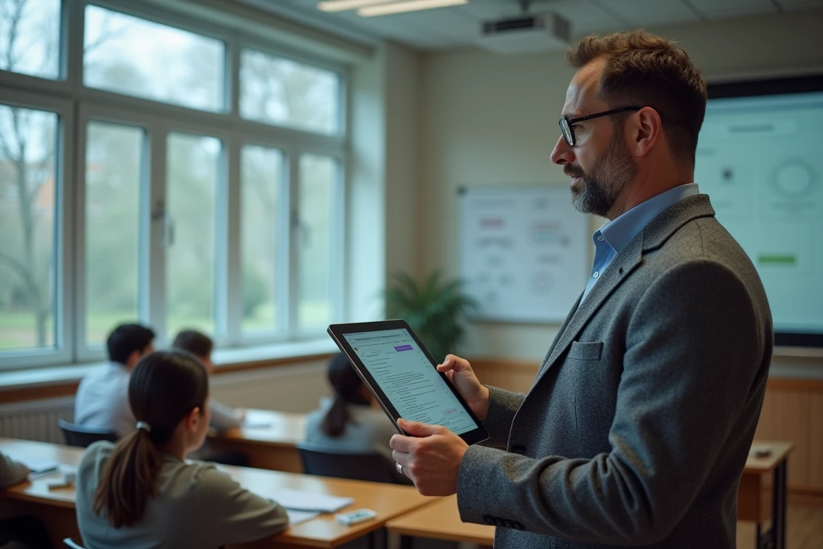 Professeur universitaire utilisant une encyclopédie en ligne collaborative pour préparer un devoir surveillé en classe