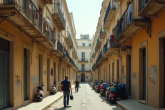 Rue typique des quartiers nord de Marseille avec immeubles dégradés, linge aux balcons et habitants dans la rue