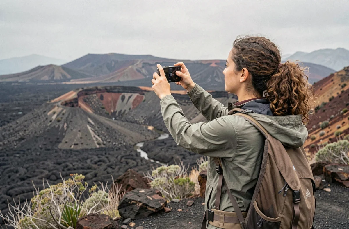 Randonneuse vérifiant l'heure sur son téléphone au sommet du Piton de la Fournaise à La Réunion lors d'une excursion