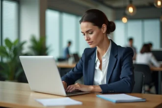 Femme rédigeant un email professionnel sur un ordinateur portable dans un bureau moderne, hésitant sur la formulation correcte