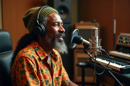 Chanteur reggae en studio avec micro et ambiance chaleureuse