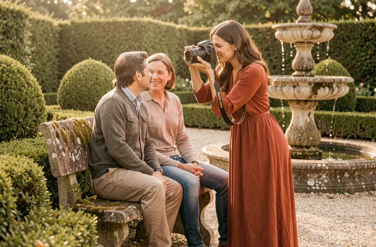 Photographe de Ressentir l'Instant capturant un moment candide entre un couple dans un jardin à la française, sur un banc de pierre moussu