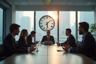 Groupe de collègues en réunion dans un bureau lumineux