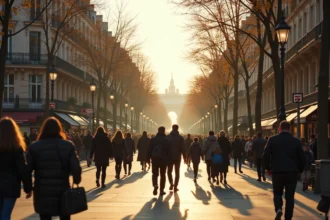 Rue animée de Paris avec piétons et immeubles haussmanniens illustrant l'attractivité de la capitale française