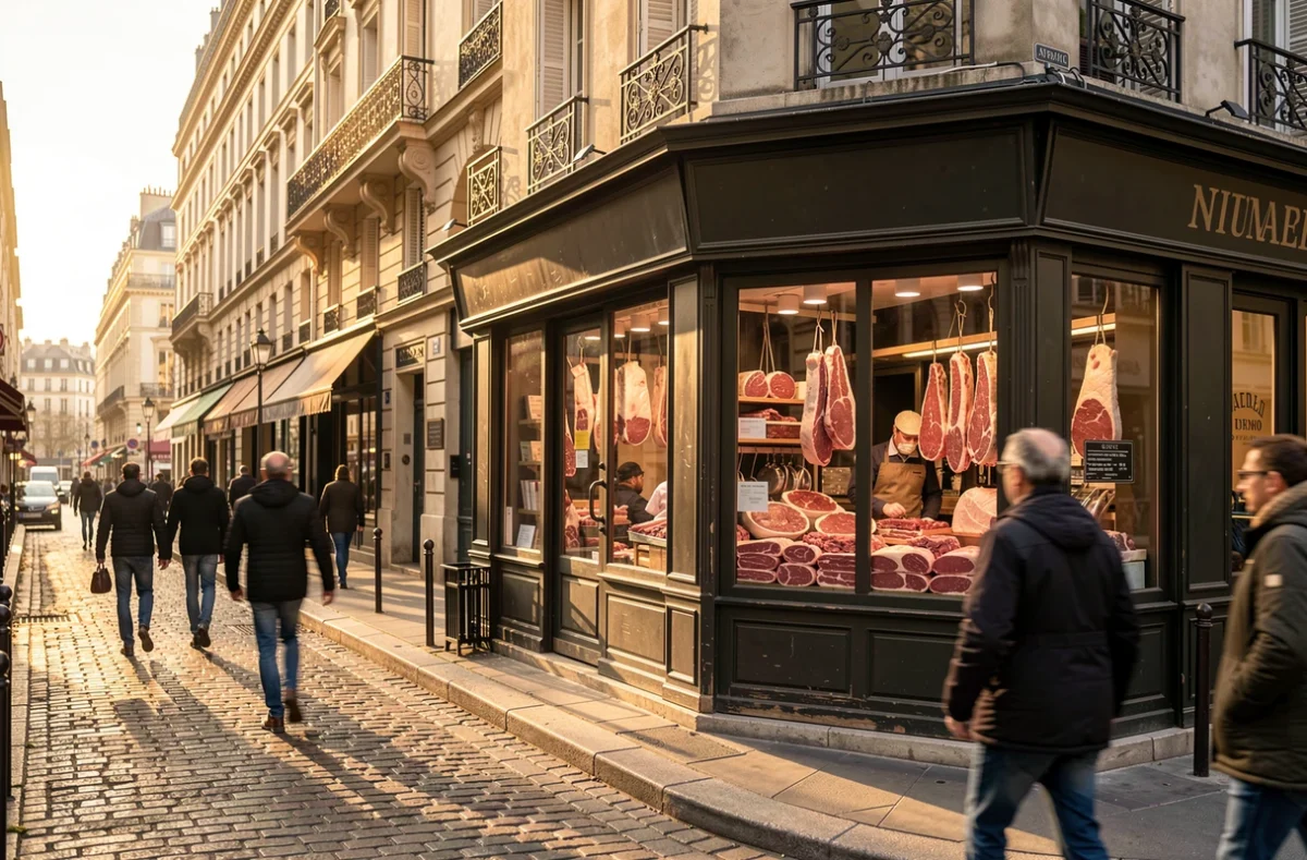 Rue de quartier parisien avec une devanture de boucherie