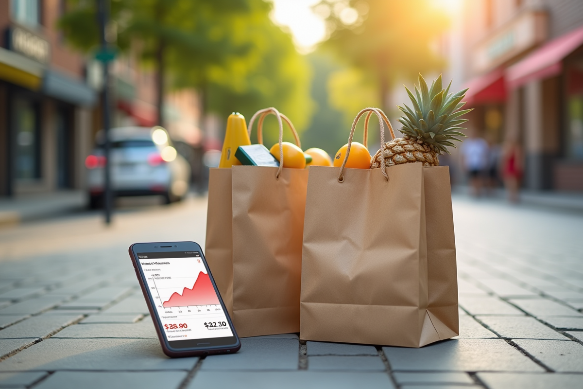 Sacs de courses remplis de produits essentiels sur un trottoir en ville