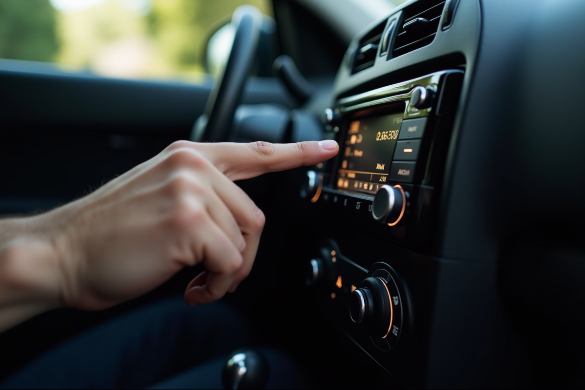 Main entrant un code sur la radio Renault avec boutons éclairés