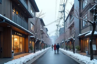Vue urbaine de Sendai dans la région Tohoku au Japon, mélange d'architecture traditionnelle et moderne sous la neige en hiver 2026