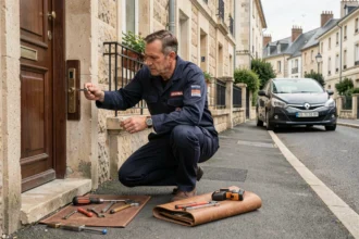 Serrurier professionnel en intervention devant une maison en Essonne, outils de serrurerie disposés au sol