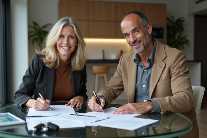 Femme et homme signant des documents à table