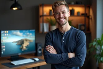 Fan debout devant un écran affichant le site kellanlutz.fr avec une interface moderne dédiée à Kellan Lutz
