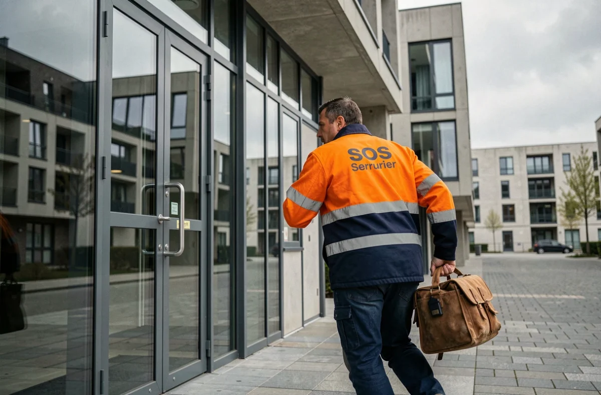 Technicien SOS Serrurier Évry arrivant en urgence devant un immeuble moderne à Évry-Courcouronnes avec sa sacoche à outils