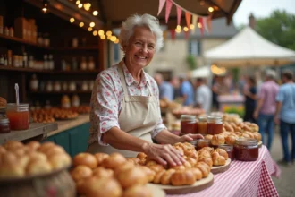 Femme présentant des spécialités gourmandes artisanales sur un étal de marché lors d'une fête de village