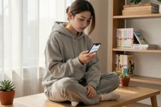 Jeune femme consultant un tracker de chapitres manga sur smartphone dans un bureau minimaliste avec des volumes de manga en arrière-plan