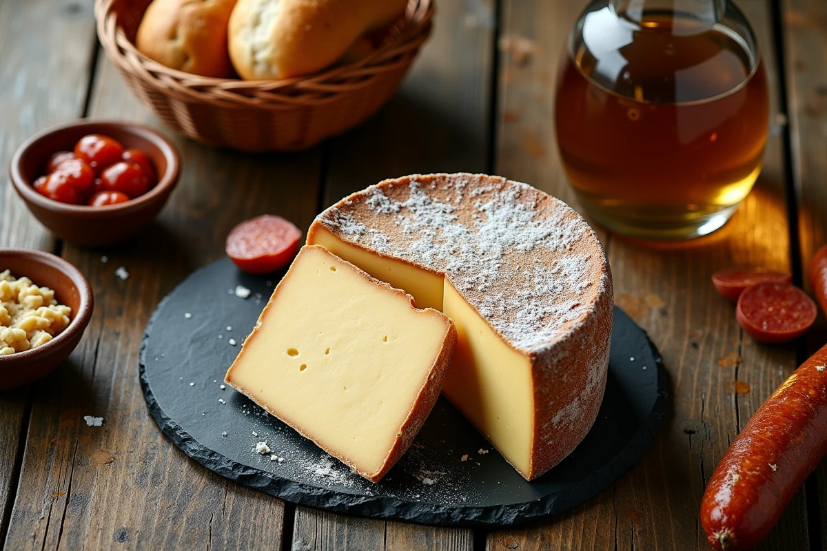 Table garnie de spécialités régionales fromagères, charcuteries et condiments artisanaux lors d'une fête de village
