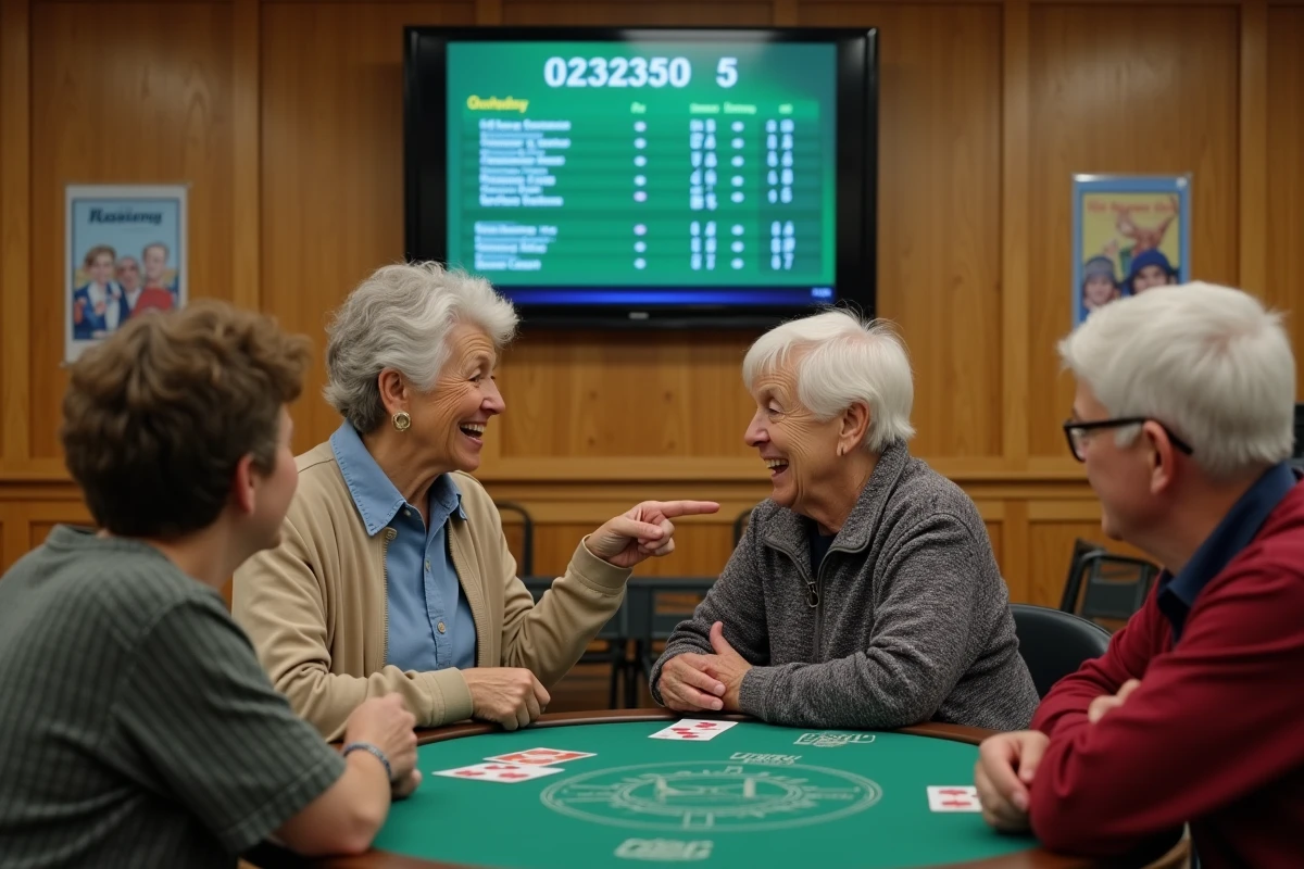 Groupe de joueurs consultant un classement en direct lors d'un tournoi de belote coinchée