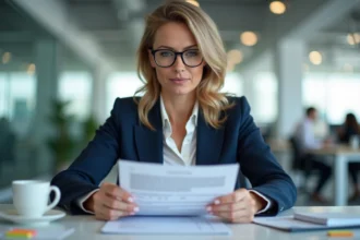 Femme professionnelle vérifiant des documents d'enregistrement d'entreprise dans un bureau moderne