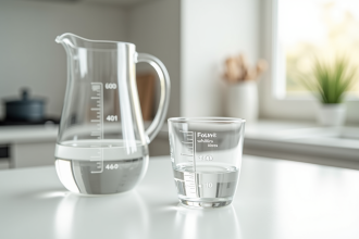 Verre doseur rempli à 40 ml à côté d'un petit à 4 cl sur plan de cuisine blanc