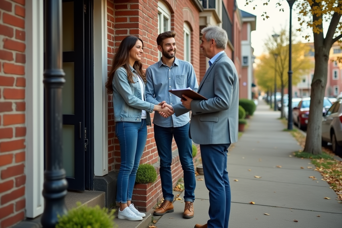 Jeune couple saluant un agent immobilier devant maison
