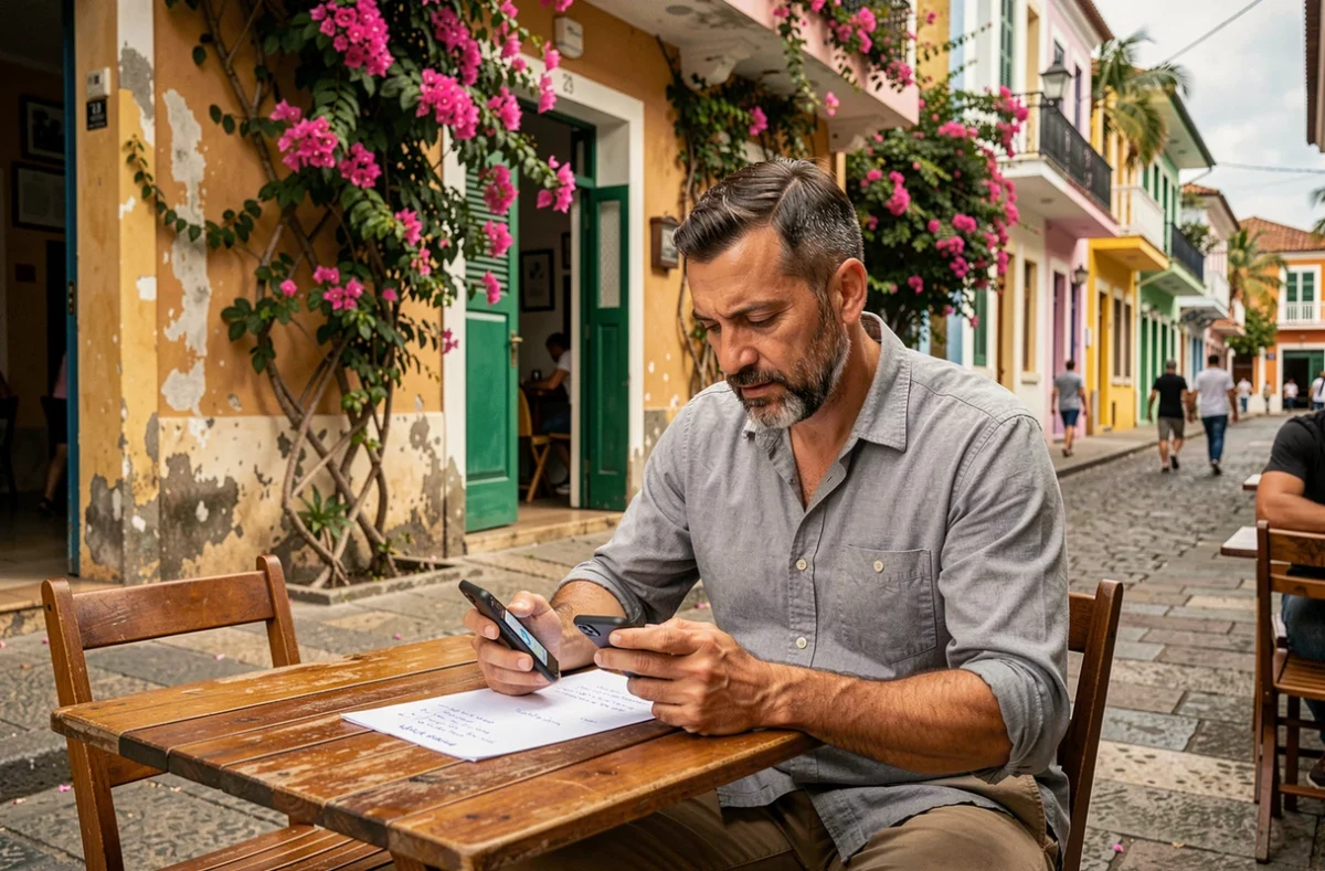 Voyageur comparant l'heure sur son téléphone et son itinéraire papier dans un café créole de Saint-Denis à La Réunion