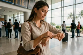 Voyageuse consultant sa montre dans un terminal d'aéroport avec panneau des départs en arrière-plan, illustrant le décalage horaire à La Réunion