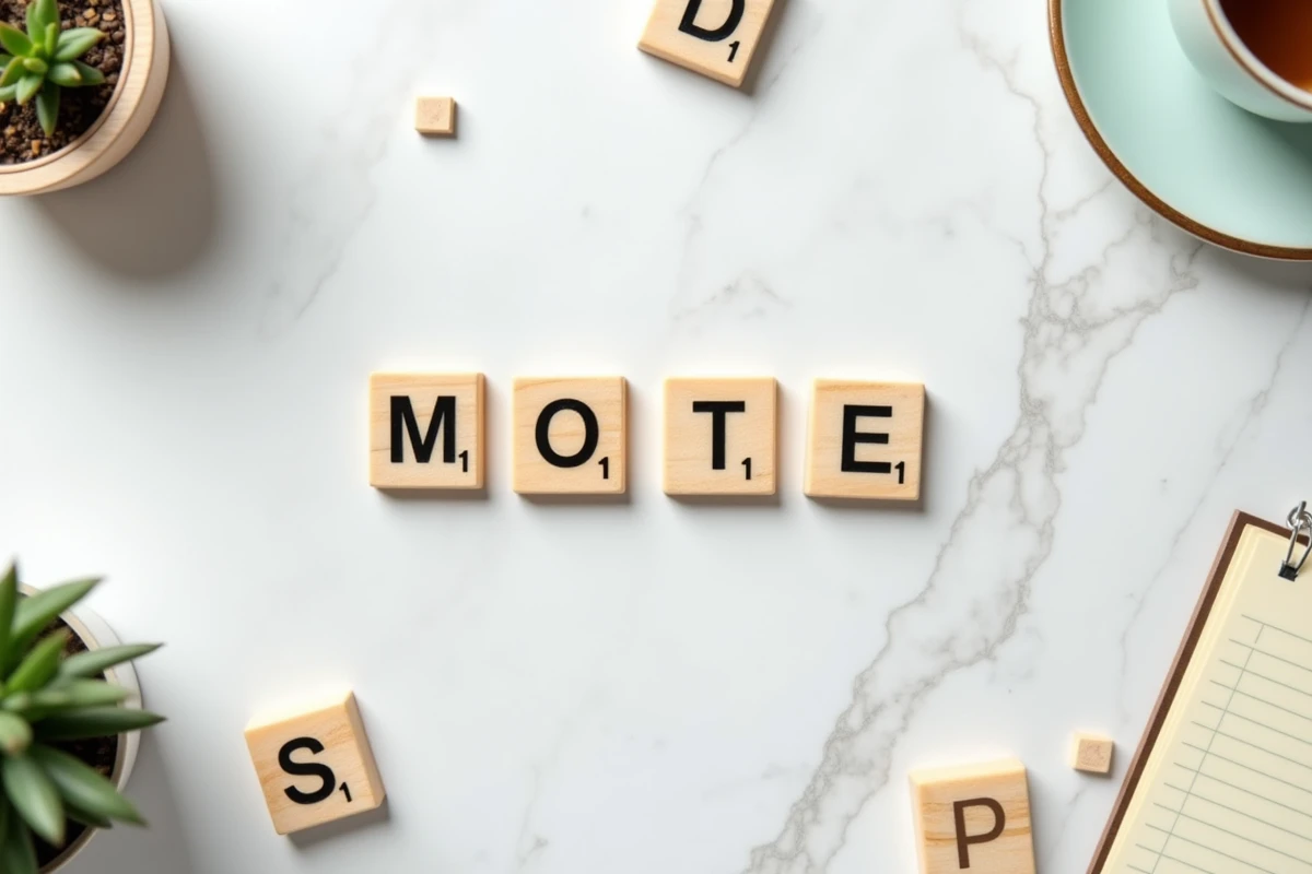 Vue aérienne d'un plateau de Scrabble avec le mot MOTE formé par des tuiles en bois sur table en marbre blanc