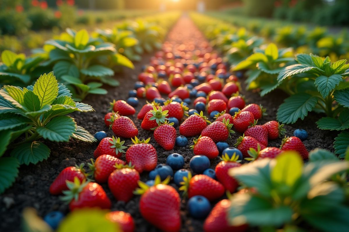 Vue aérienne d un verger avec fraises et myrtilles mûres au soleil