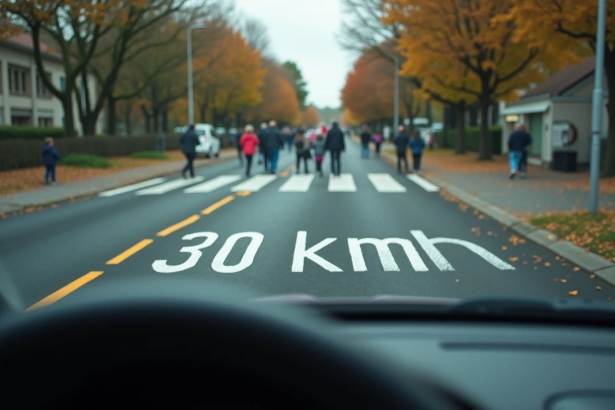 Vue depuis un habitacle de voiture sur un marquage au sol 30 km/h dans une zone scolaire avec des piétons