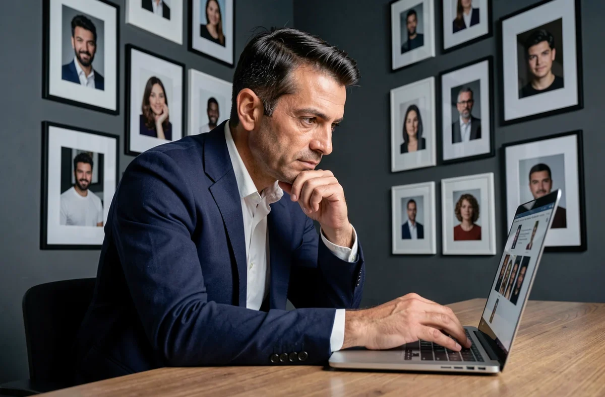 Alexandre Yagoubi-Idrissi, photographe portraitiste, consultant des clichés sur ordinateur dans son studio moderne aux murs gris anthracite ornés de portraits encadrés