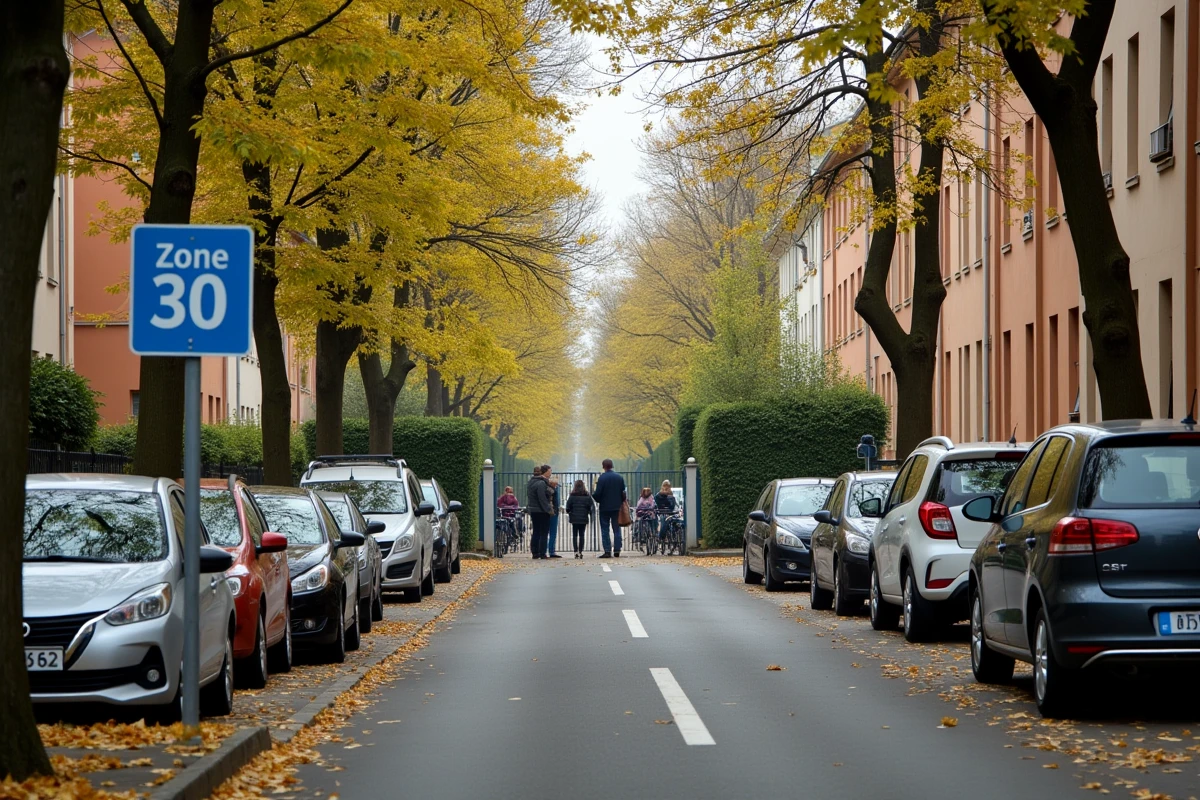 Rue résidentielle française en zone 30 près d'une école avec des parents et une signalisation de zone limitée
